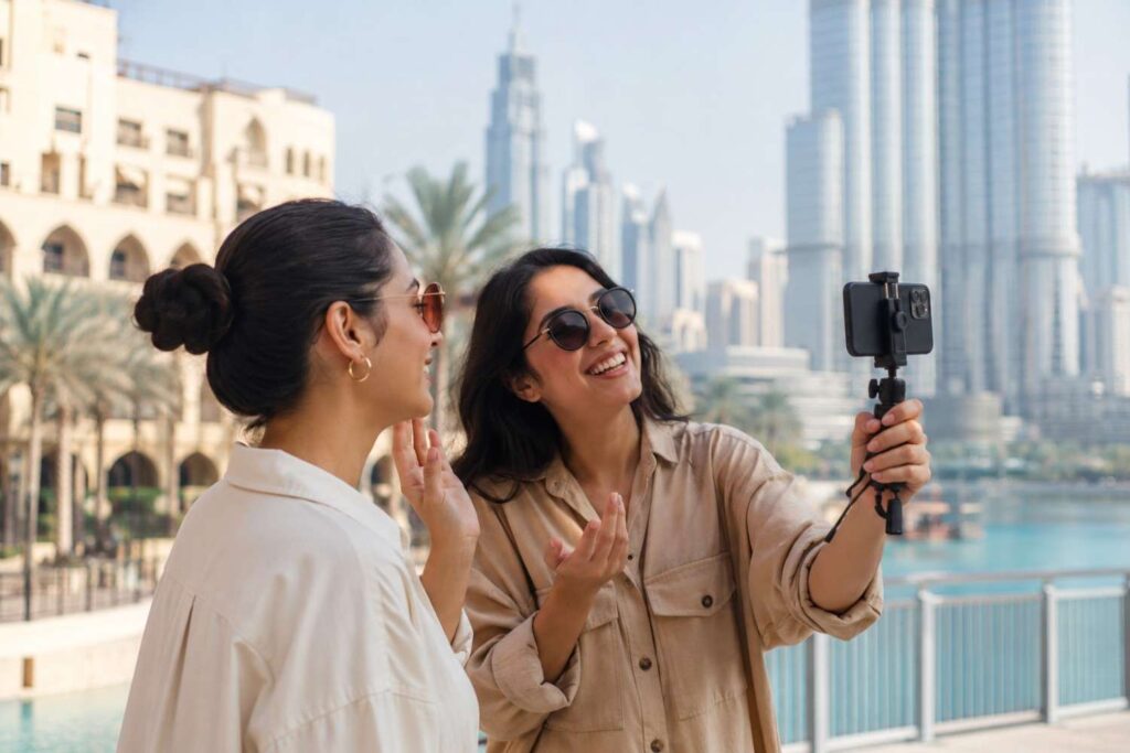 Two influencers creating video content outdoors in Dubai with the city skyline in the background.
