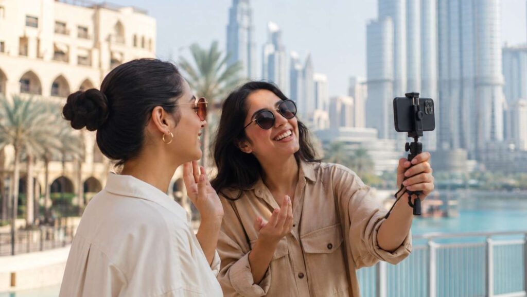 Two influencers creating video content outdoors in Dubai with the city skyline in the background.