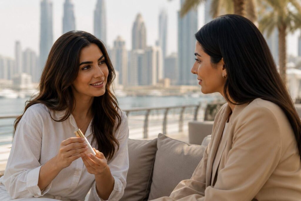 Creator presenting a beauty product during an influencer marketing collaboration in Dubai, demonstrating authentic brand storytelling and audience engagement.