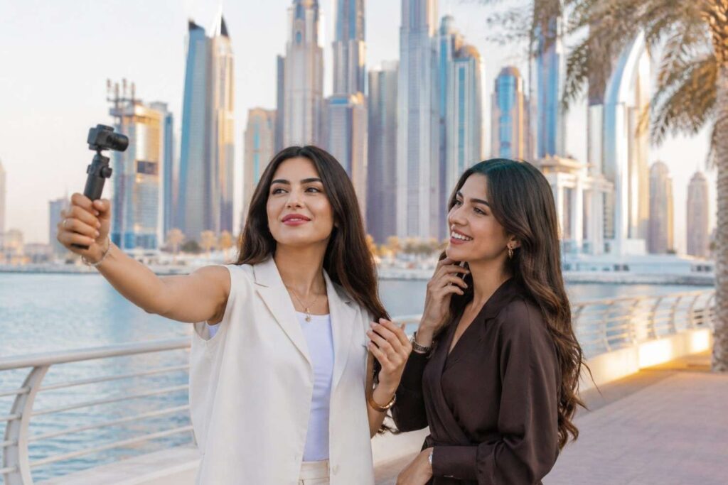 Two influencers creating content on a Dubai waterfront promenade with the city skyline behind them.