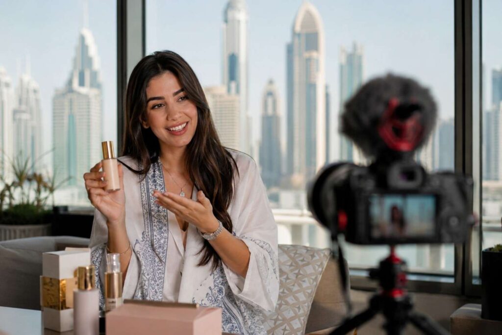 Beauty influencer in modern city setting