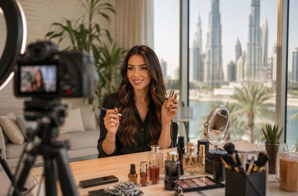 Influencer making Beauty tutorial in a modern studio