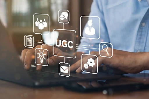 Conceptual image representing UGC in marketing with digital icons connected to a central UGC label