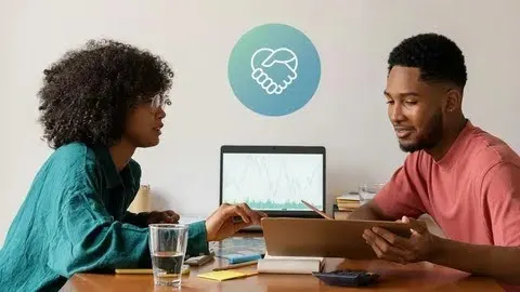 Two professionals discussing a partnership over a laptop, with a handshake icon symbolizing influencer collaboration in Dubai.